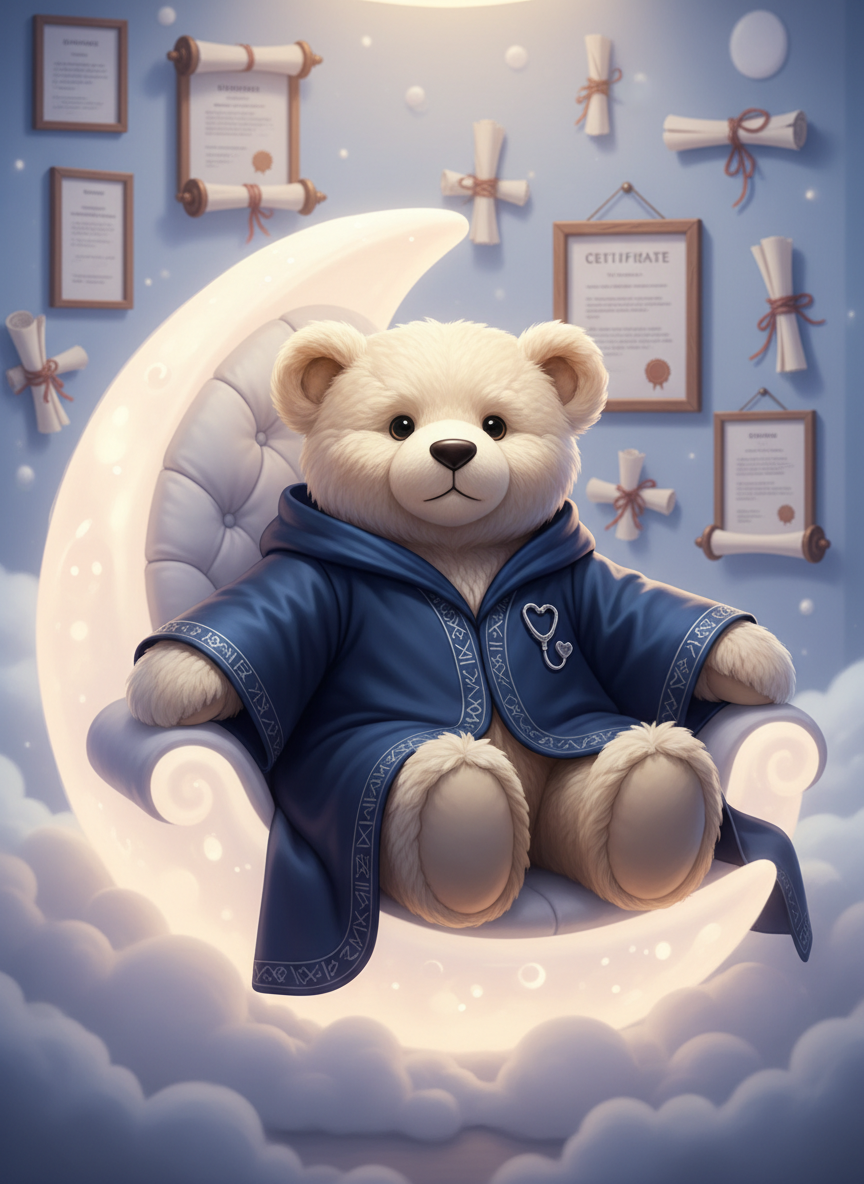 A dignified, plush bear dressed as a professional cuddle wizard, with a soft cream fur texture, neatly brushed, wearing a deep navy robe edged in silver runes and a subtle stethoscope-shaped brooch to suggest health credentials. The bear sits on a cloud-like, oversized armchair shaped like a crescent moon, surrounded by neatly stacked scrolls that resemble framed licenses on the walls. Warm, diffused studio lighting glows from an unseen source, casting gentle shadows and a calm, therapeutic atmosphere. The digital-art style is clean, modern, and polished, with an eye-level composition and shallow depth of field that keeps the bear in crisp focus while the cozy, softly colored background fades into a reassuring blur.