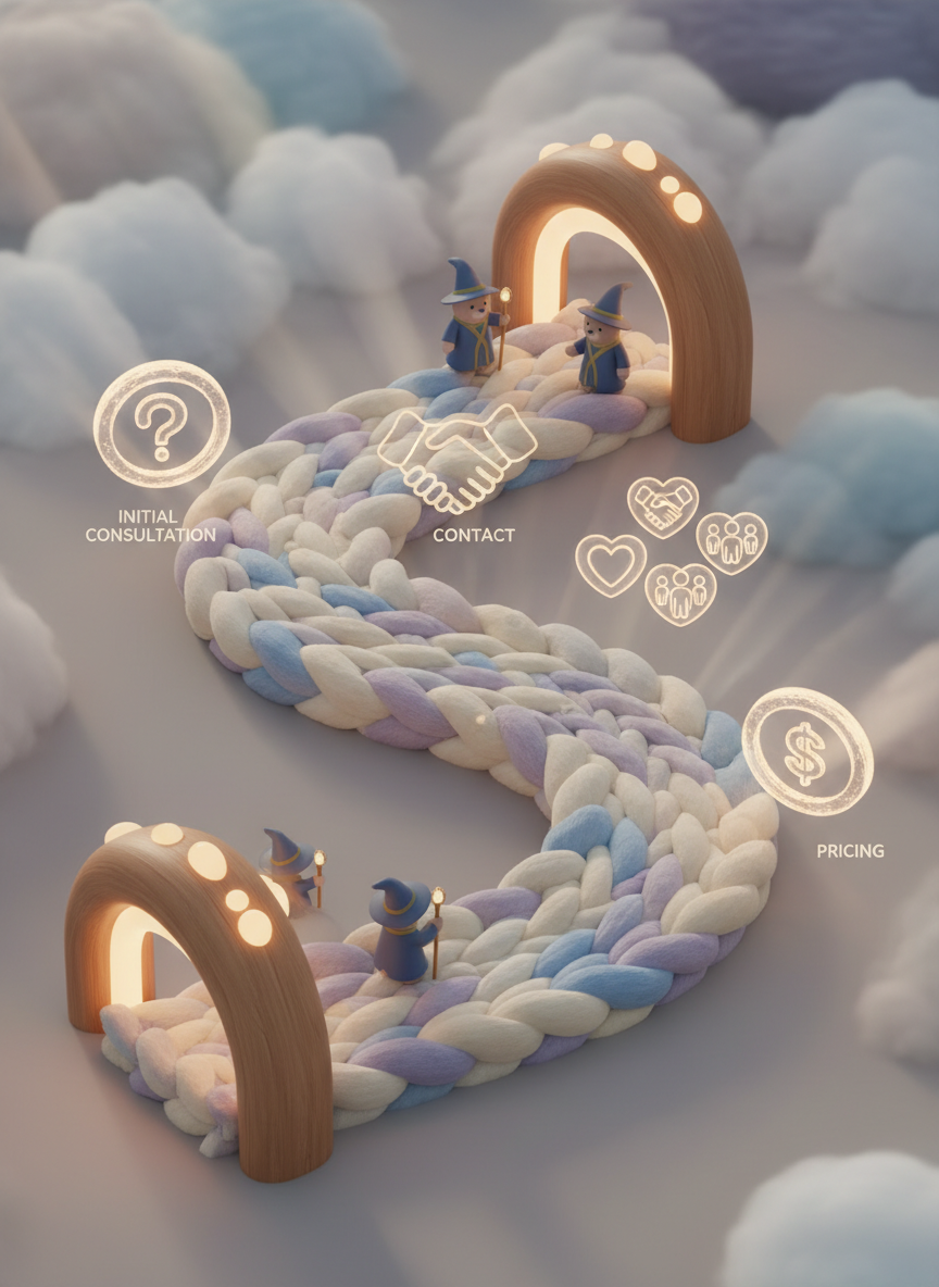 An overhead digital-art view of a multi-step cuddle therapy journey diagrammed as a winding, plush pathway made of braided blankets, leading through gentle arches shaped like bear paws. Along the path, small robed bear wizard figurines stand beside glowing markers: an initial consultation symbol, a contact glyph, icons for different session types, and a coin-like emblem for pricing. Each marker looks like a polished crystal with soft inner light, suggesting clarity and professionalism without any text. Diffused, ambient lighting fills the scene, with subtle rays highlighting the path. The mood is reassuring and guided, and the composition uses a flowing S-curve to lead the viewer’s eye smoothly from start to finish.
