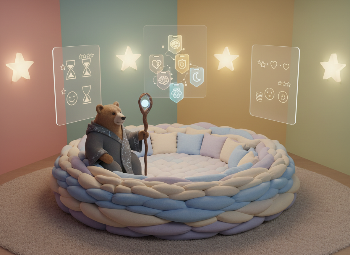 A cozy digital-art therapy room designed for professional cuddle sessions, with a large, pillowy nest at the center formed from overlapping, quilted clouds. A wise-looking bear cuddle wizard in a charcoal robe sits at the edge, holding a glowing staff that projects holographic badge-like icons above it, symbolizing credentials and specialties. Around the nest, floating translucent panels show simplified diagrams for session lengths and pricing, all icon-based with no readable text. Soft, indirect lighting comes from wall sconces shaped like warm stars, casting gentle gradients across muted pastel walls. Captured from a slightly elevated angle for a full-room view, the atmosphere is calm, safe, and meticulously arranged.