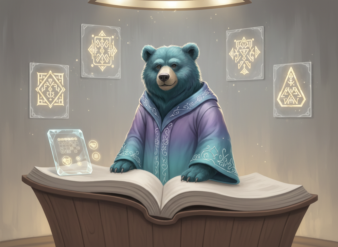 A serene digital-art reception scene where a friendly, velvety-furred bear cuddle wizard stands behind a curved, pale wood desk shaped like an open book, its robe a gradient of calming teal and lavender. On the wall behind, glowing floating sigils resemble framed professional certificates, each with intricate, unreadable glyphs. In the foreground, a crystal tablet on the desk displays a stylized booking calendar and icons for contact and pricing, without text. Soft overhead lighting and subtle golden ambient light create a professional health-service tone. The composition uses the rule of thirds, with the desk angled toward the viewer, and the mood is welcoming, orderly, and reassuringly organized.