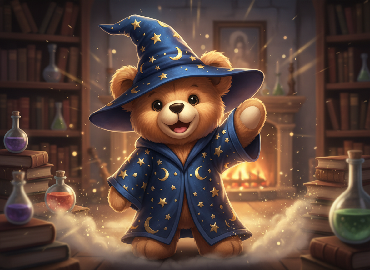 A cheerful cuddle wizard bear waving goodbye after your questions are answered